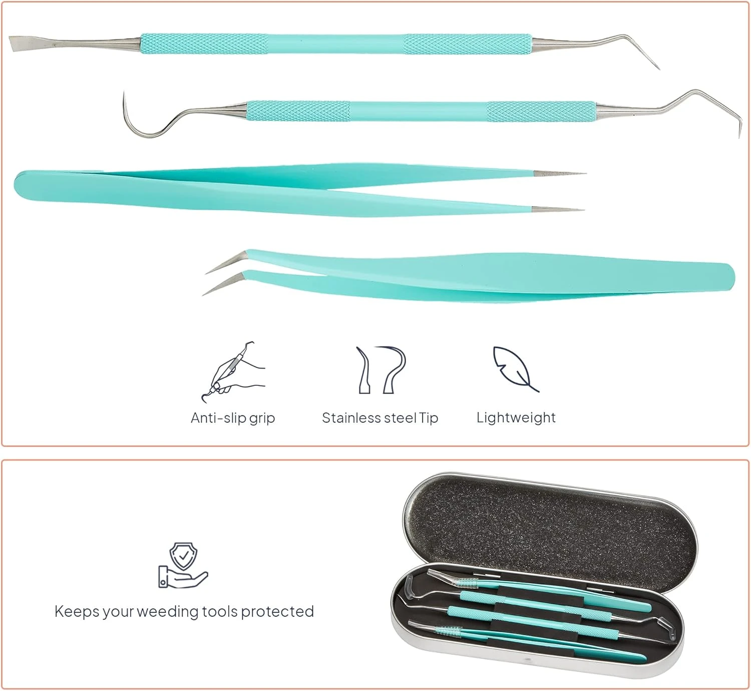 Weeder, tweezers, hook and scraper tool set